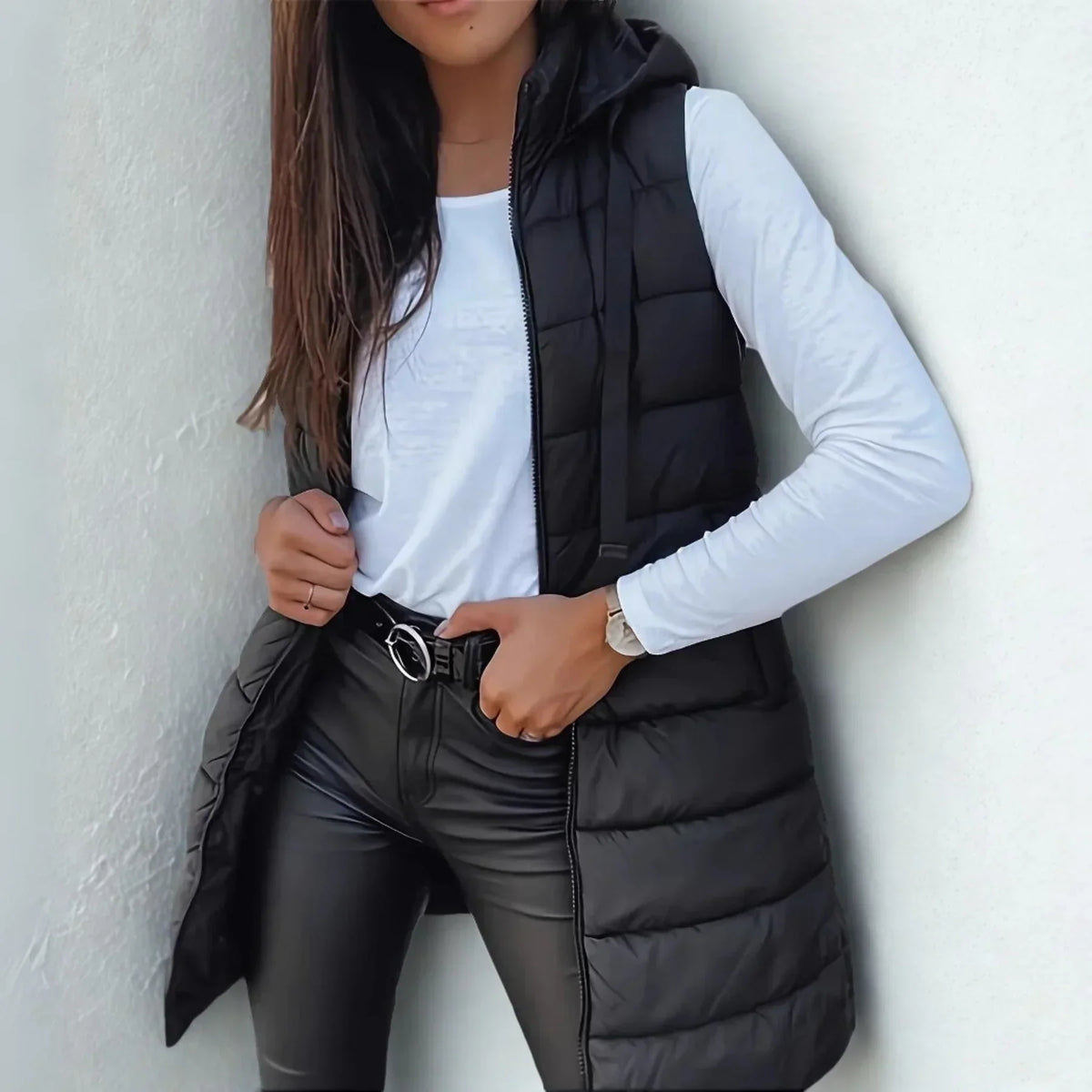 Women's long hooded puffer vest in black