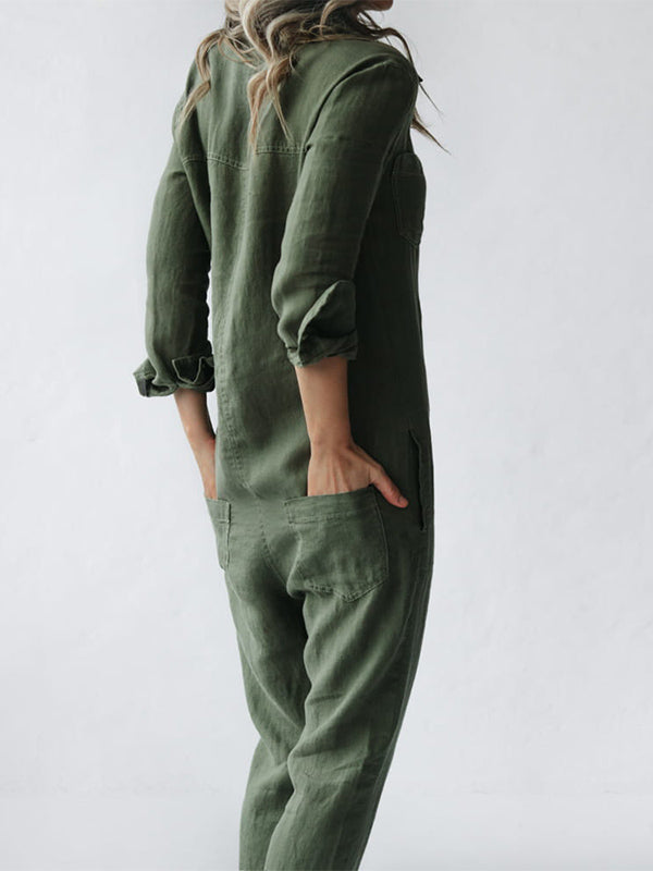 Cotton Jumpsuit | Long Sleeve Button-Front One-Piece