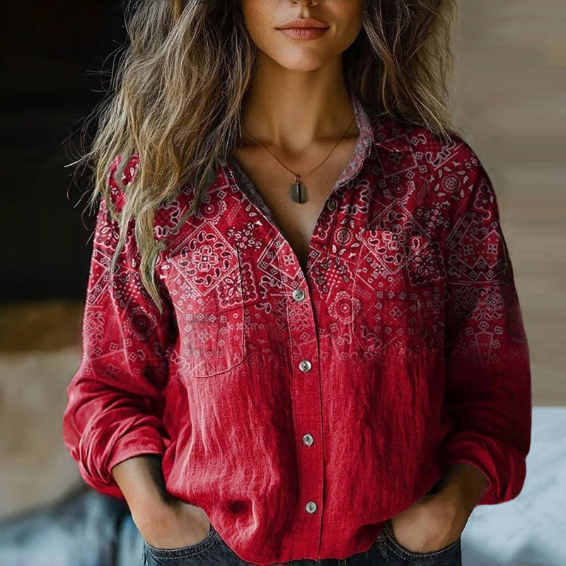 Women's bohemian vintage print collared blouse