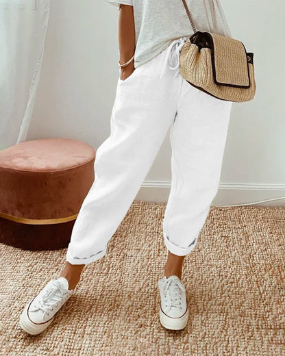 Linen Trousers | Tapered Drawstring Pants