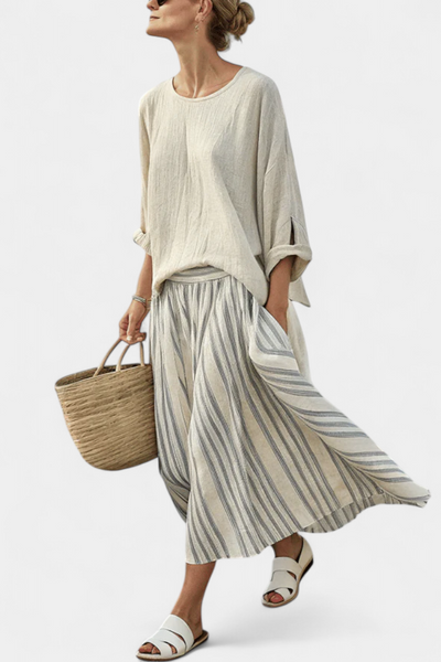 Linen Set | Loose Blouse & Striped Midi Skirt
