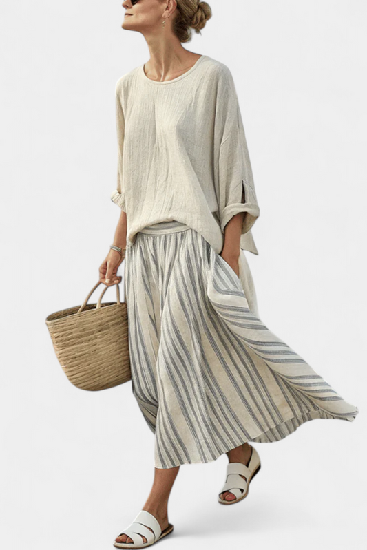 Women's linen loose blouse and striped midi skirt set