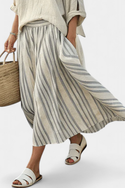 Linen Set | Loose Blouse & Striped Midi Skirt
