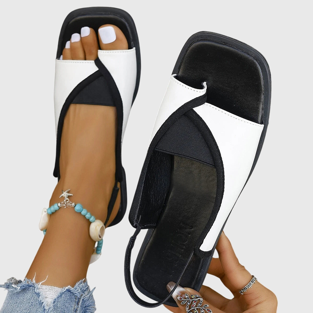 Women's square-toe slip-on flat sandals in white