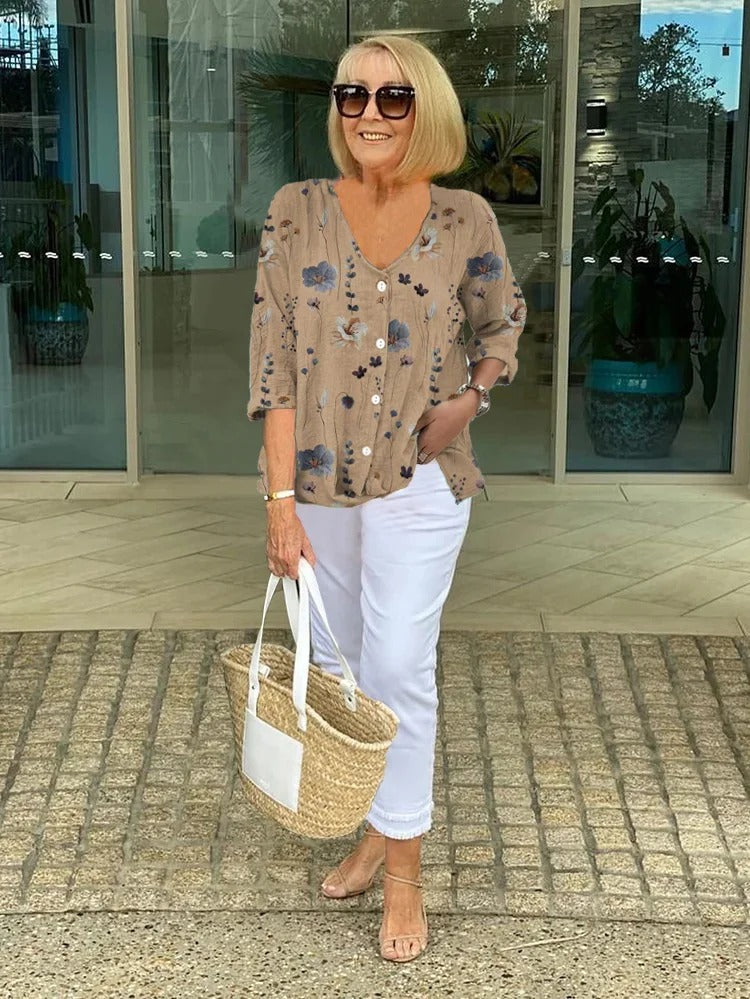 Women's floral V-neck three-quarter sleeve linen blouse