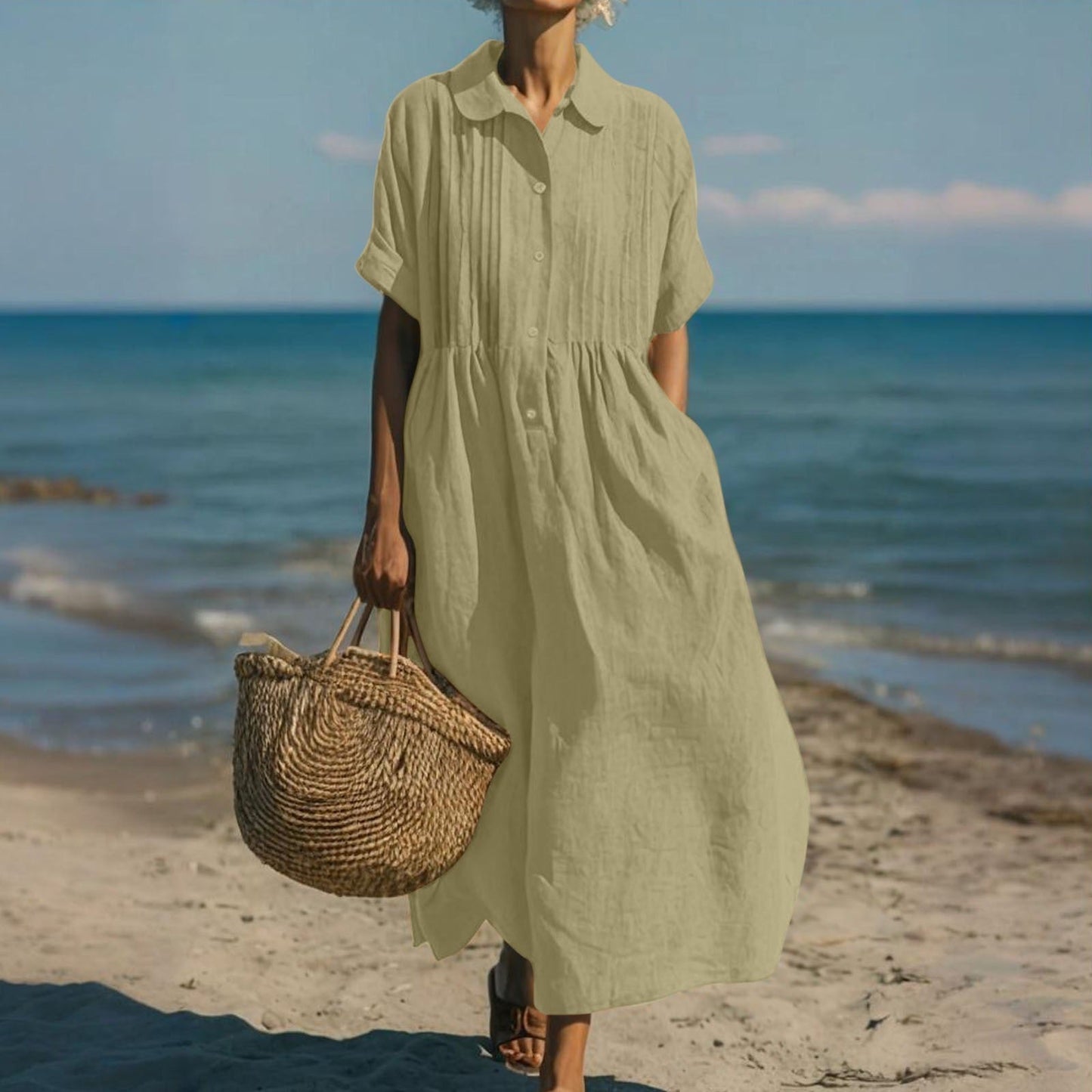 Cotton Shirt Dress | Collared Button-Front Midi Dress
