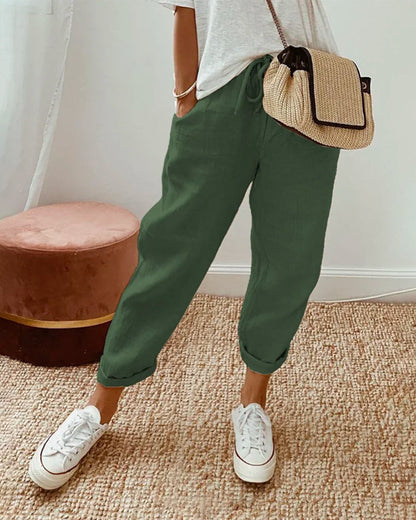 Linen Trousers | Tapered Drawstring Pants