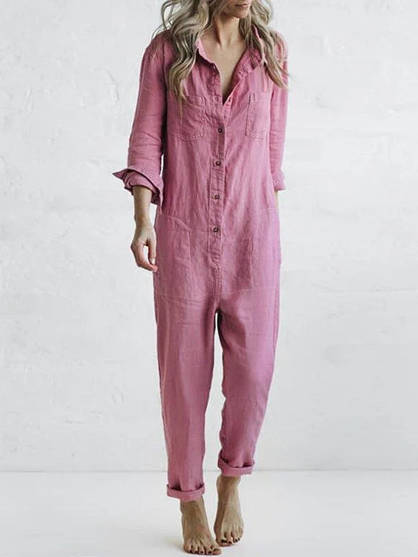 Cotton Jumpsuit | Long Sleeve Button-Front One-Piece