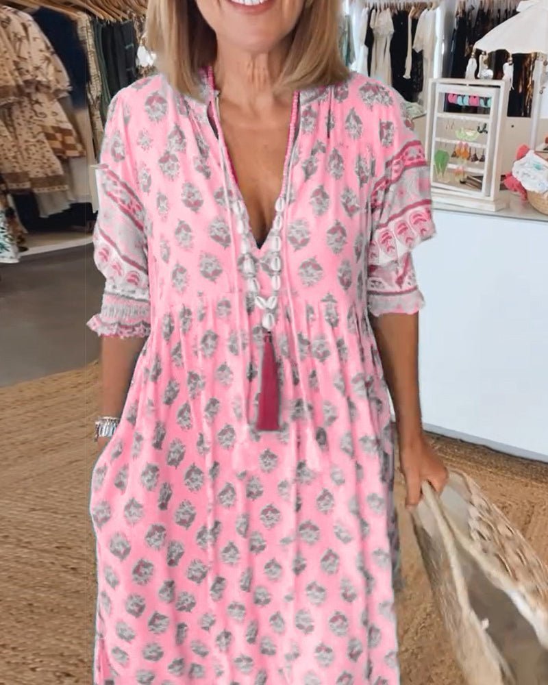 Floral Dress | V-Neck Linen Midi Dress