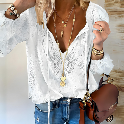 Linen Boho Blouse | Lace V-Neck Relaxed Top
