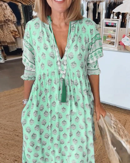 Floral Dress | V-Neck Linen Midi Dress