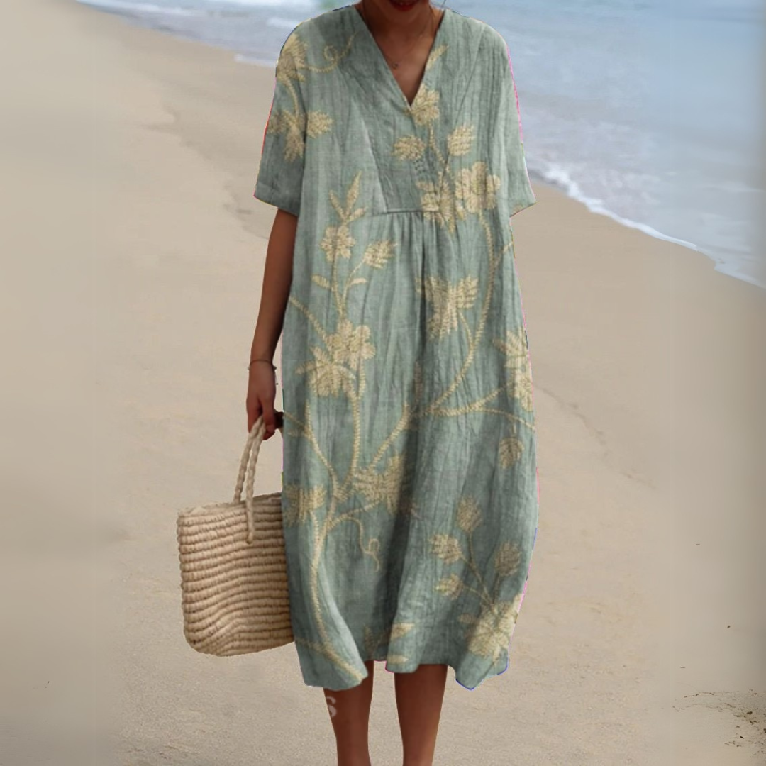 Summer Dress | Floral V-Neck Linen-Blend Dress