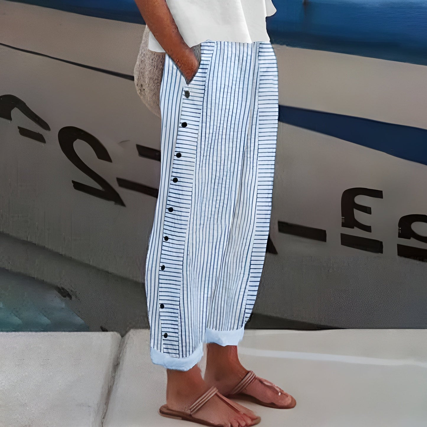 Striped Trousers | Cotton Button-Panel Summer Pants