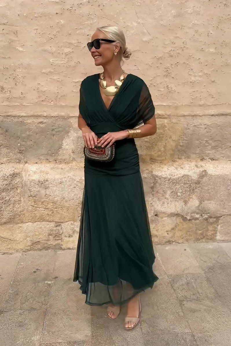 Women's V-neck pleated party maxi dress