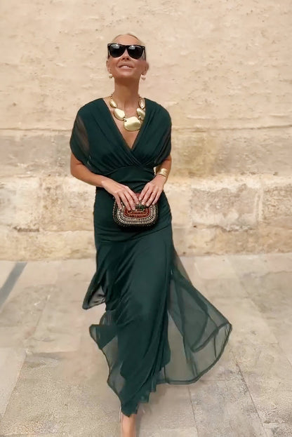 V-Neck Pleated Party Maxi Dress