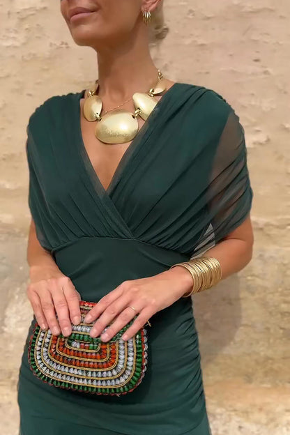 V-Neck Pleated Party Maxi Dress
