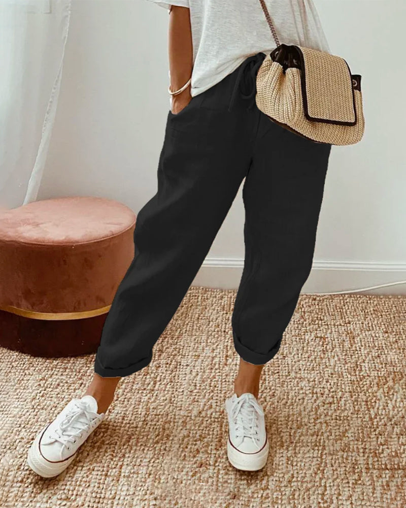 Linen Trousers | Tapered Drawstring Pants