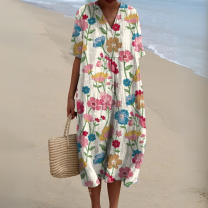 Summer Dress | Floral V-Neck Linen-Blend Dress