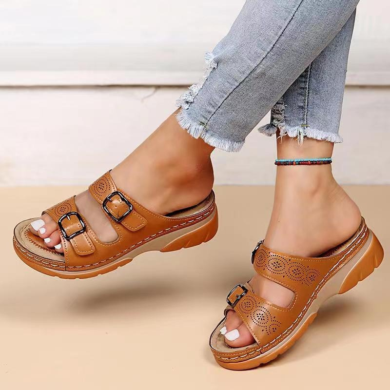 Women's buckle-strap comfort mule sandals in dark blue