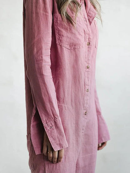 Cotton Jumpsuit | Long Sleeve Button-Front One-Piece
