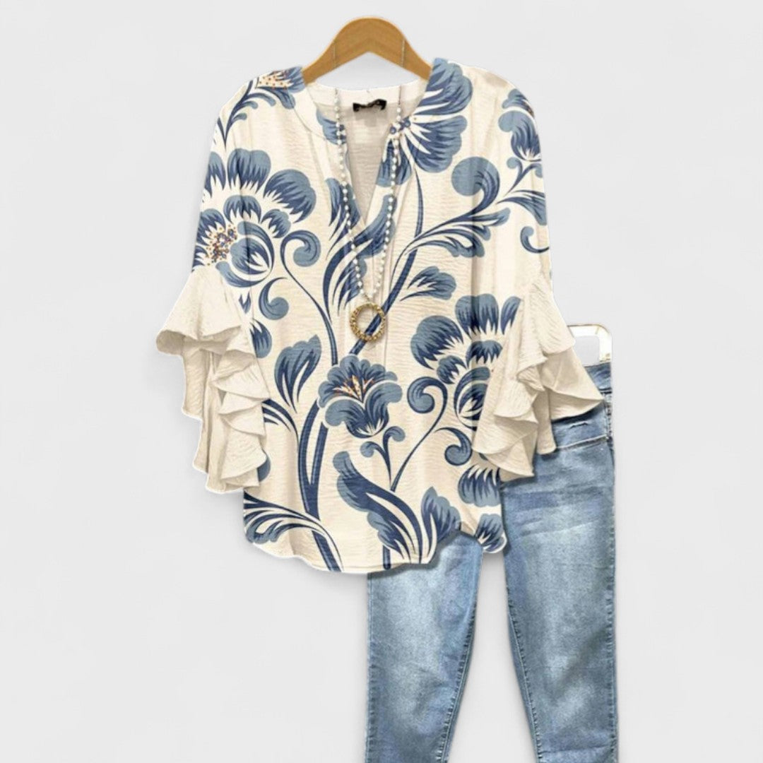 Women's V-neck ruffle sleeve printed blouse
