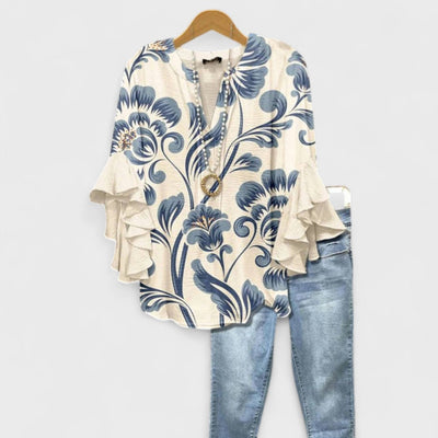 Blouse | V-Neck Ruffle Sleeve Printed Top
