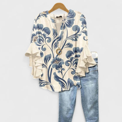 Women's V-neck ruffle sleeve printed blouse