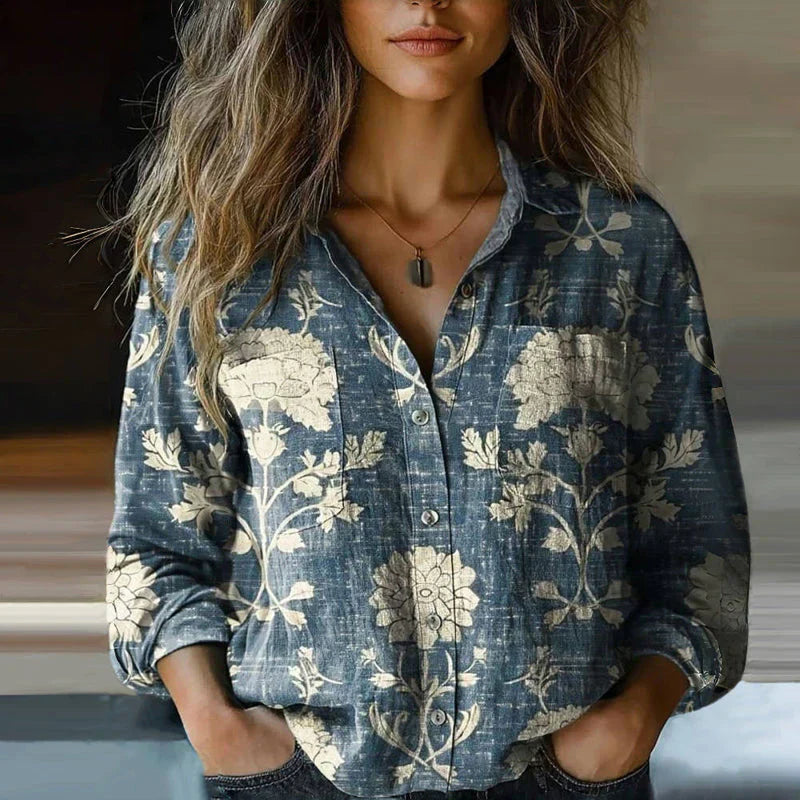 Blouse | Bohemian Vintage Print Collared Top
