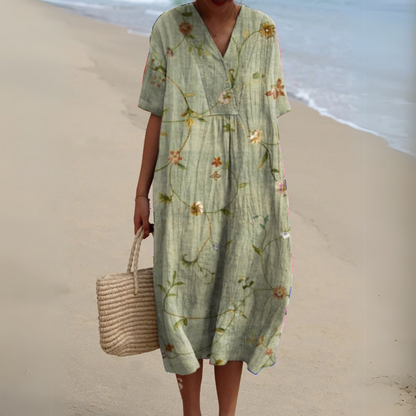 Summer Dress | Floral V-Neck Linen-Blend Dress
