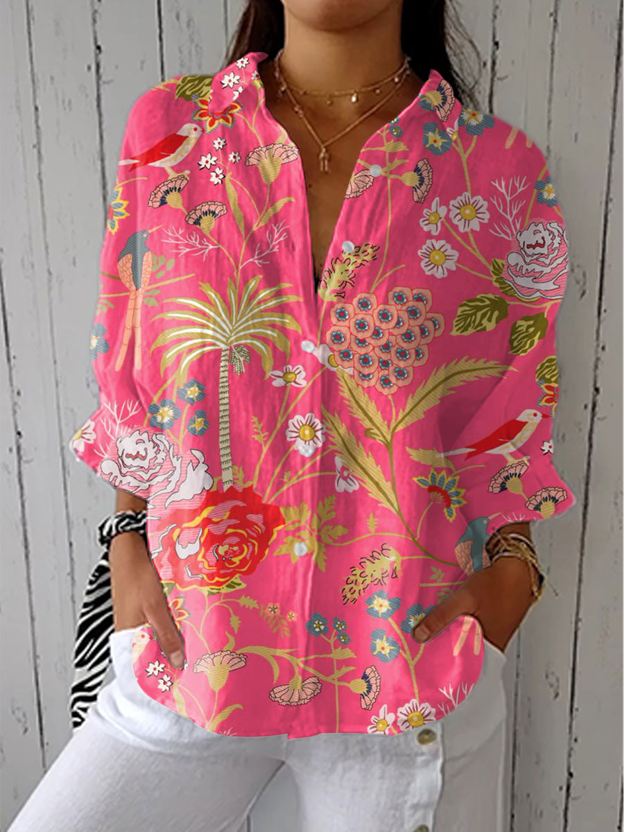 Women's tropical floral-print blouse in pink