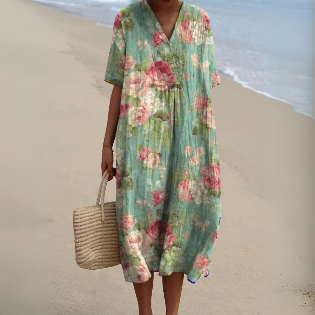 Summer Dress | Floral V-Neck Linen-Blend Dress