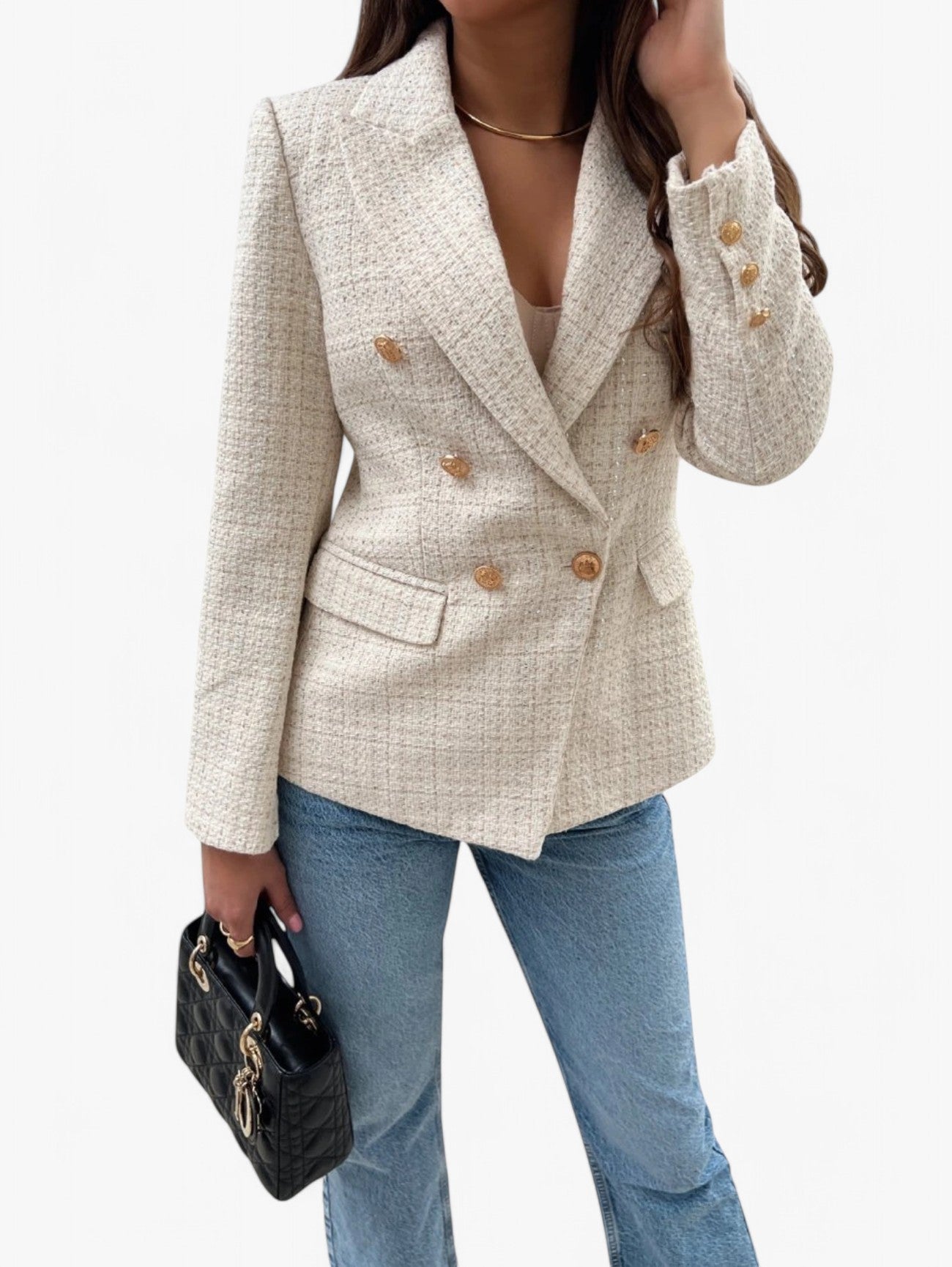 Women's fitted tweed blazer with gold buttons