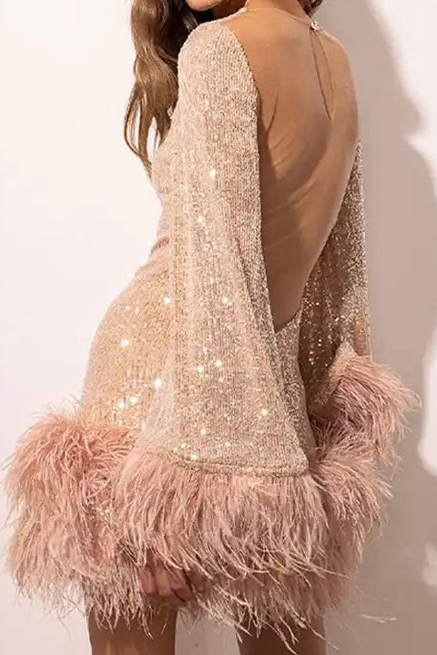 Sequin Dress | Feather Trim Hem & Open Back Mini