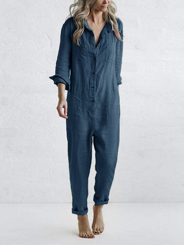 Cotton Jumpsuit | Long Sleeve Button-Front One-Piece