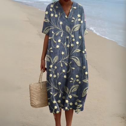 Summer Dress | Floral V-Neck Linen-Blend Dress
