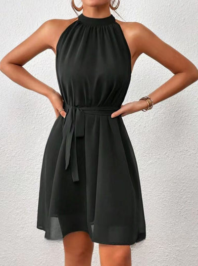 Women's Dress | Halter-Neck Belted Mini Dress