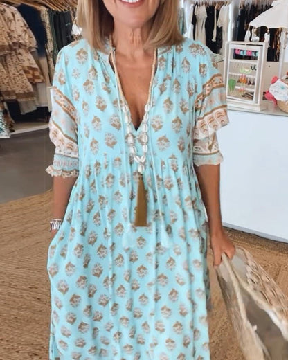 Floral Dress | V-Neck Linen Midi Dress