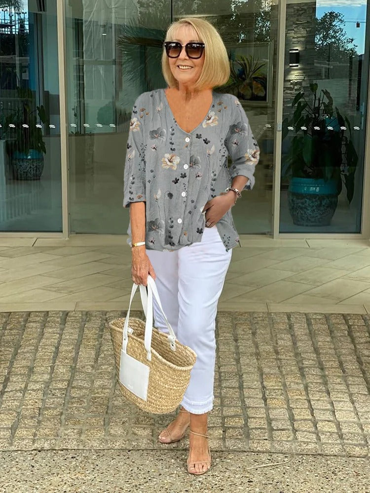 Floral Blouse | V-Neck Three-Quarter Sleeve Linen Top