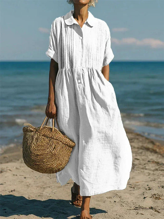 Cotton collared button-front midi shirt dress