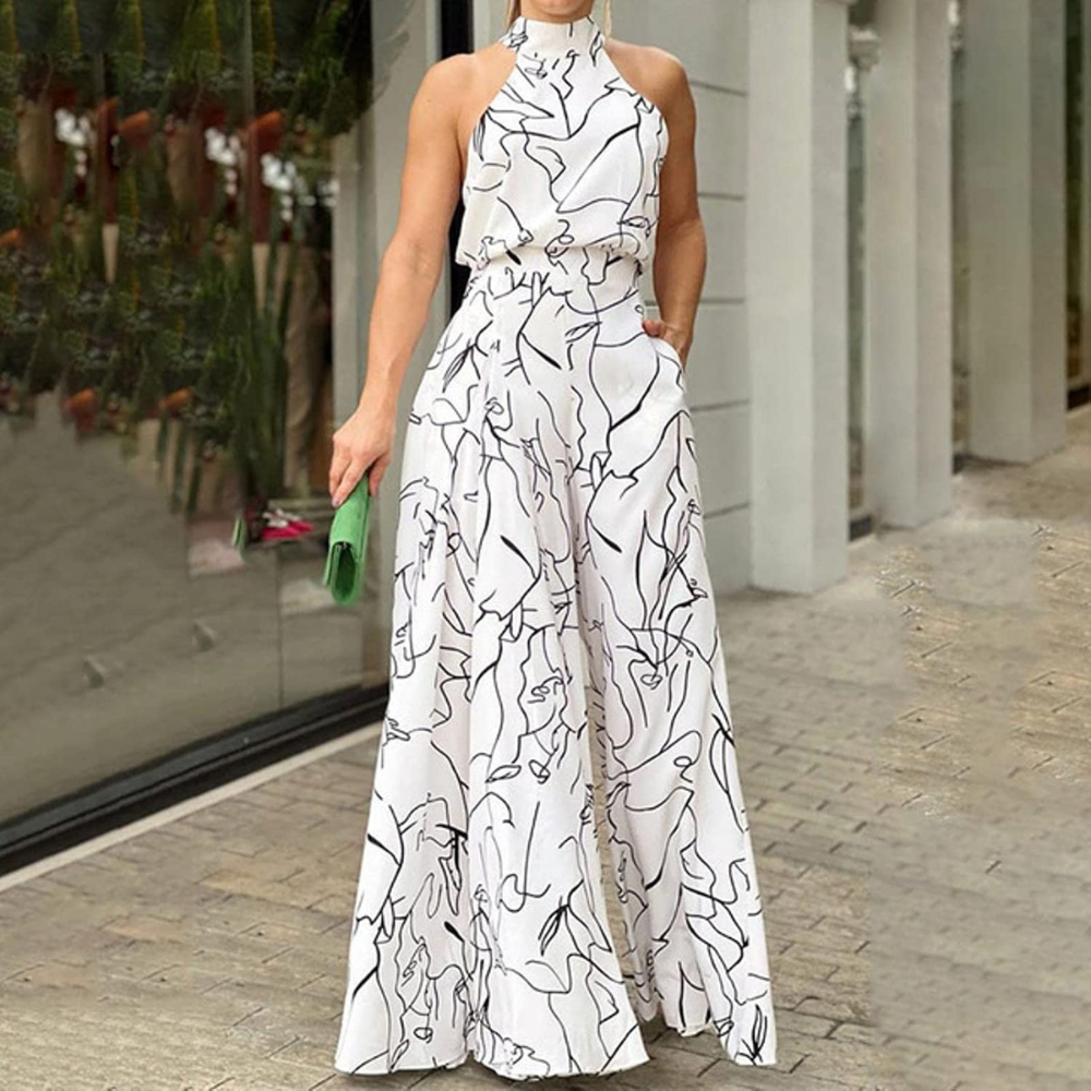 Women's sleeveless linen belted jumpsuit in white