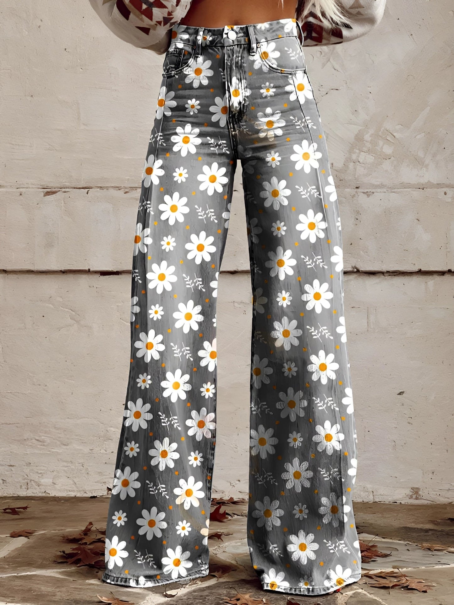 Women's high-waist wide-leg floral print jeans