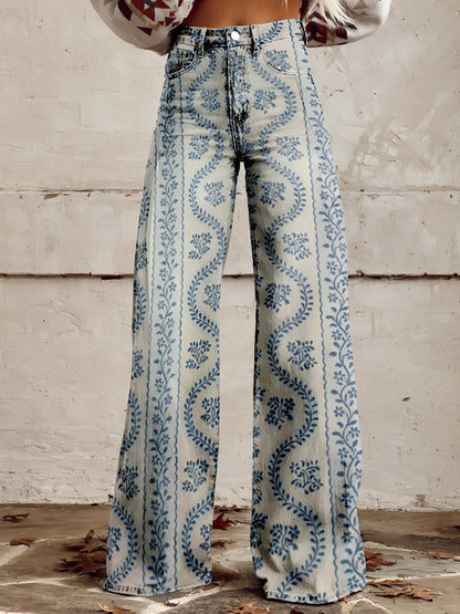 High Waist Wide Leg Jeans | Bold Floral Denim