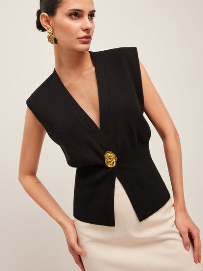 Women's Sweater Vest | V-Neck Buttoned Knit Vest