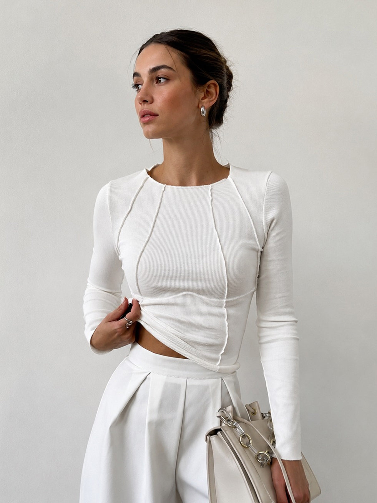 Women's ribbed long-sleeve piping top in off-white