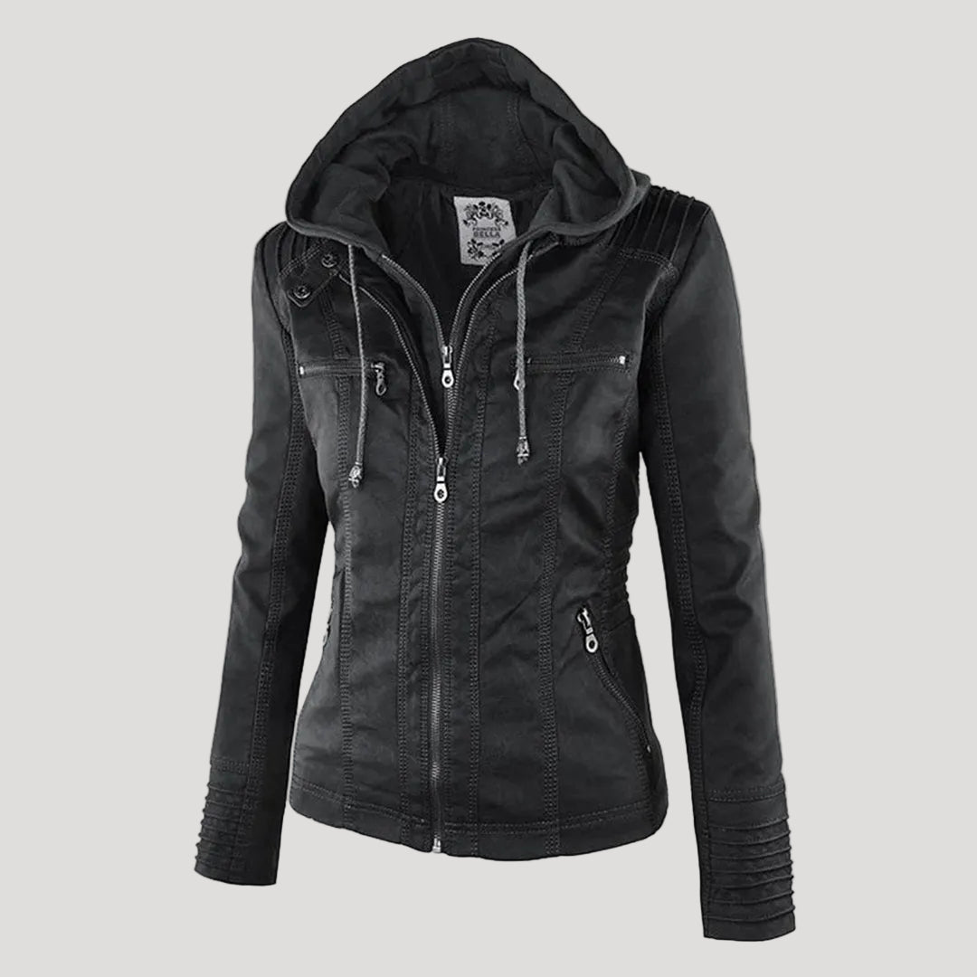 Women's hooded water-resistant faux leather jacket