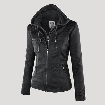 Women's hooded water-resistant faux leather jacket