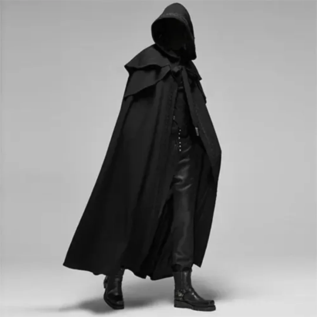 Men's long hooded cloak coat in black