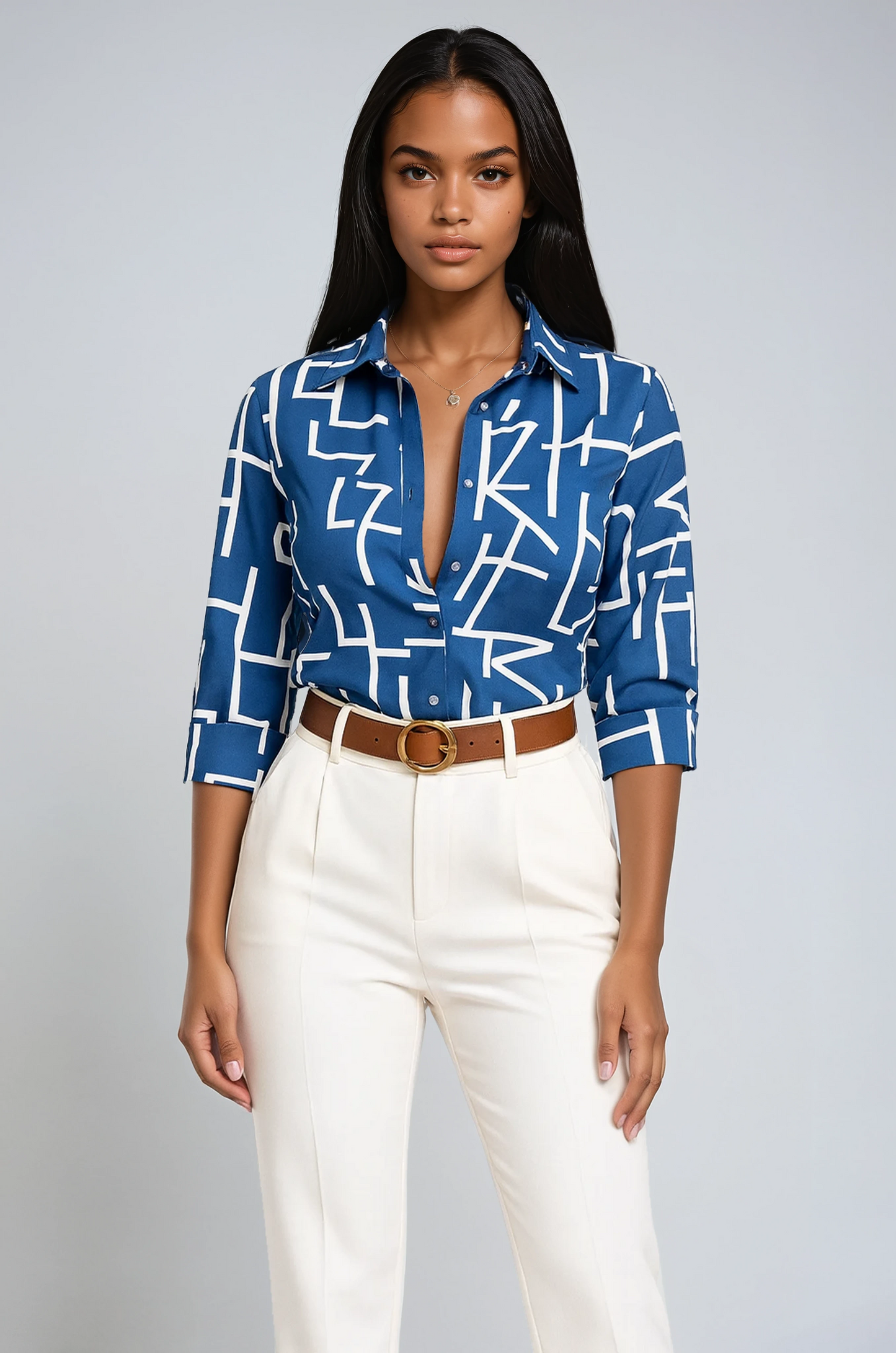 Women's geometric print blouse with button-up front and 3/4 sleeves