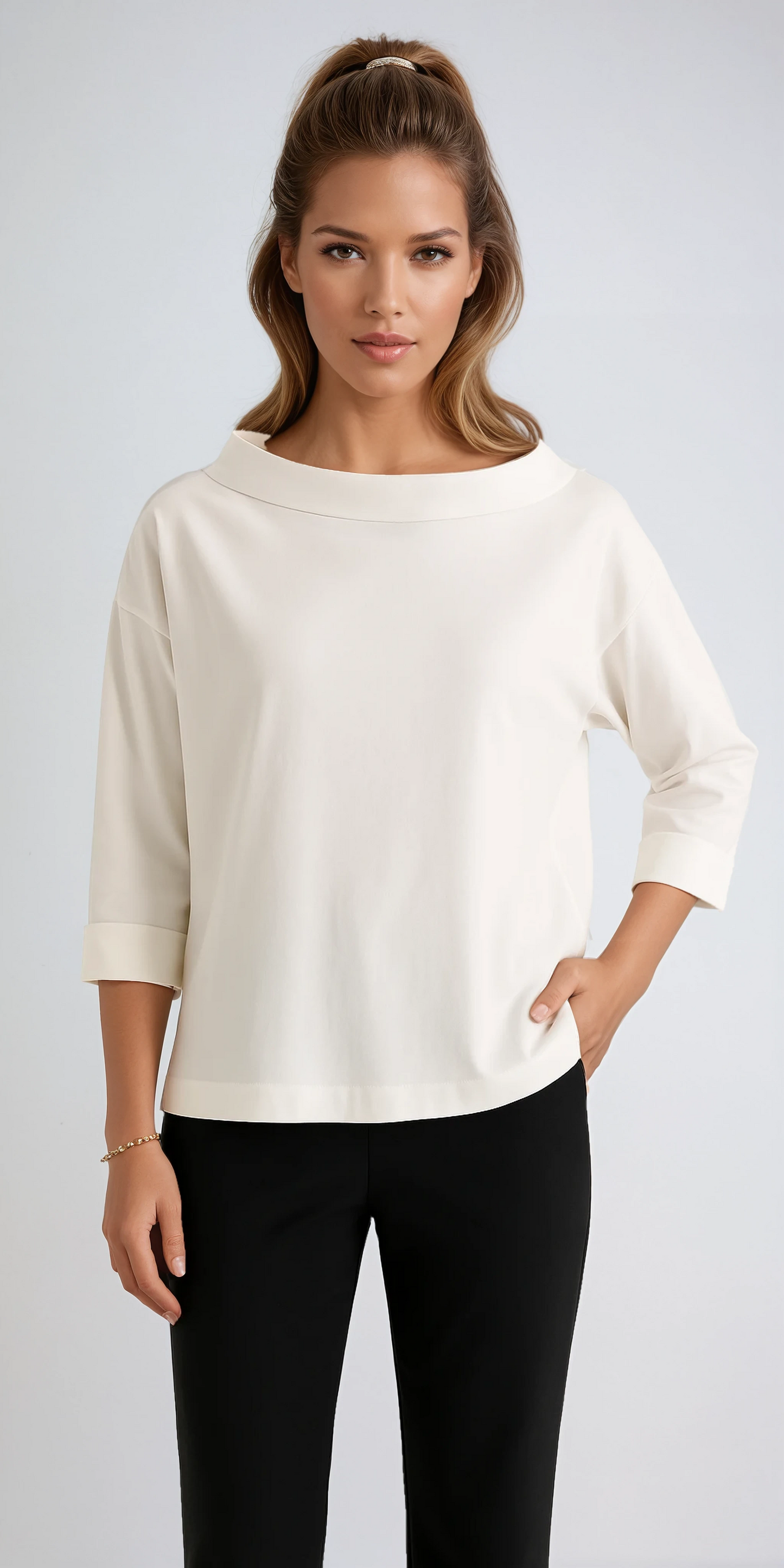 Women's cotton boat neck top with 3/4 sleeves