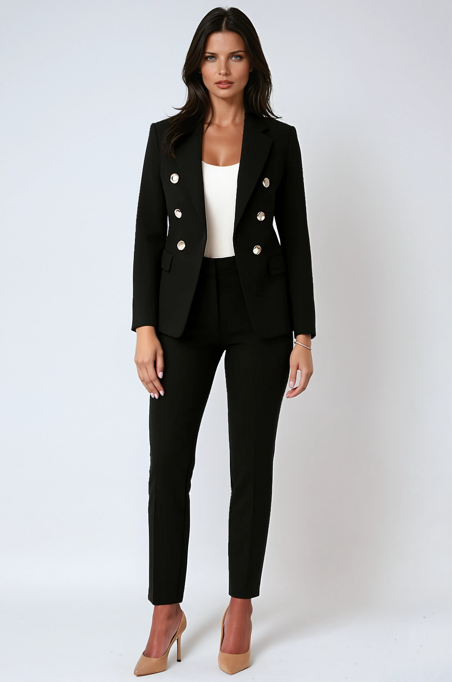 Women's linen double-breasted blazer and trousers suit set